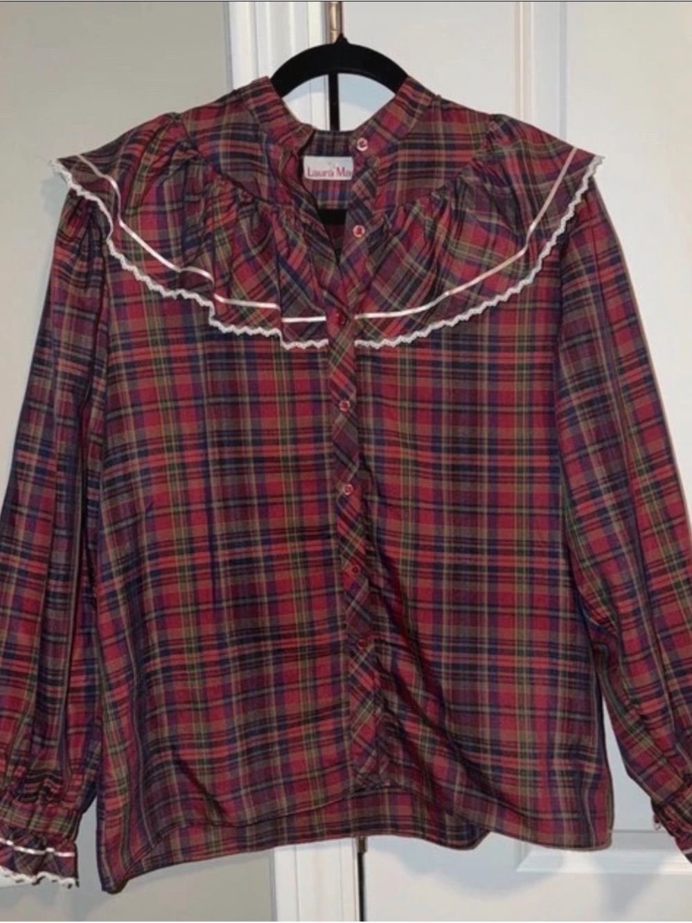 Vintage Laura Mae Red Plaid Ruffle-Collar Blouse